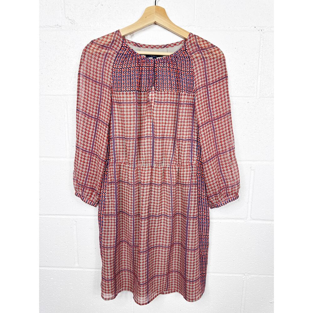 Madewell‎ Silk Grid Dot Print Dress Womens 4 Red Blue Geometric